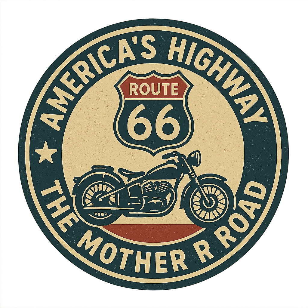 circular design for motorcycle cap, transparent background, text 'AMERICA'S HIGHWAY - ROUTE 66 - THE MOTHER ROAD', motif: Route 66 sign, motorcycle, star, retro style emoji