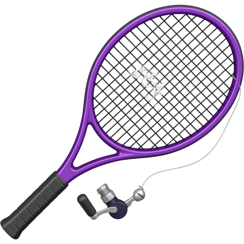 a neon purple tennis racket with a fishing reel  and fishing line attached to it emoji