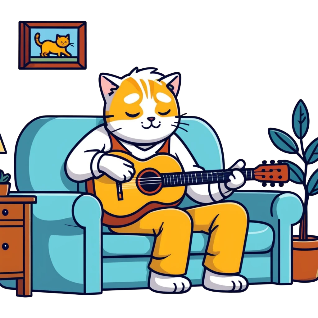  old blind man playing ￼guitar  on the couch ￼with his ￼golden cat  emoji