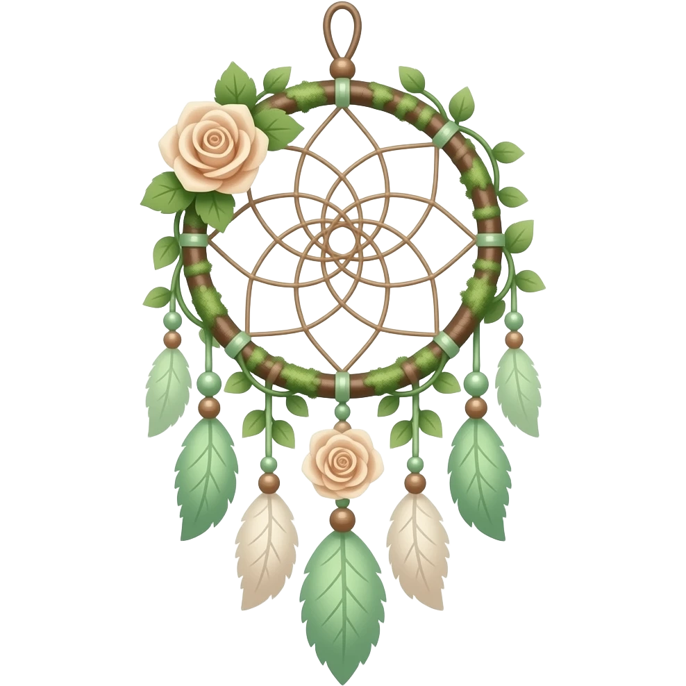 Cute dainty neat Pastel Green-white-brownish-beige-gradients thread-rope-hanging dreamcatcher, pastel colors, whitish, light, green academia aesthetic, mossy, with green vines and beige roses, Cottagecore, Princesscore, shiny glistening, vintage emoji