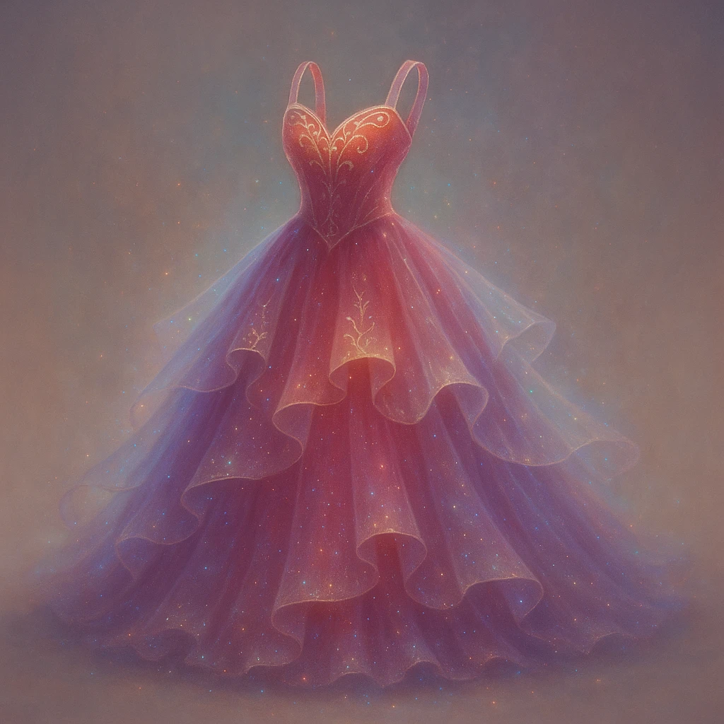 Transform this red ballgown into an even more fancy, ethereal, and mystical dress, combining fantasy and Disney princess elements. Add magical sparkles, flowing layers, and a dreamy, otherworldly aura. Style should reflect a fantasy Disney princess look with ethereal and mystical qualities. emoji