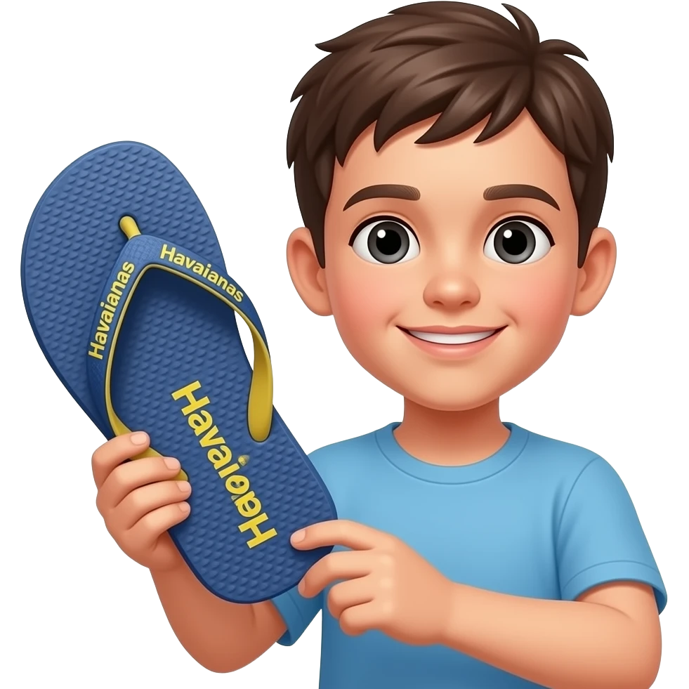 Um menino levando uma pisa da mãe dele e ele está levando essa pisa com uma chinela havaianas embaixo da chinela está escrita havaianas e em cima também emoji