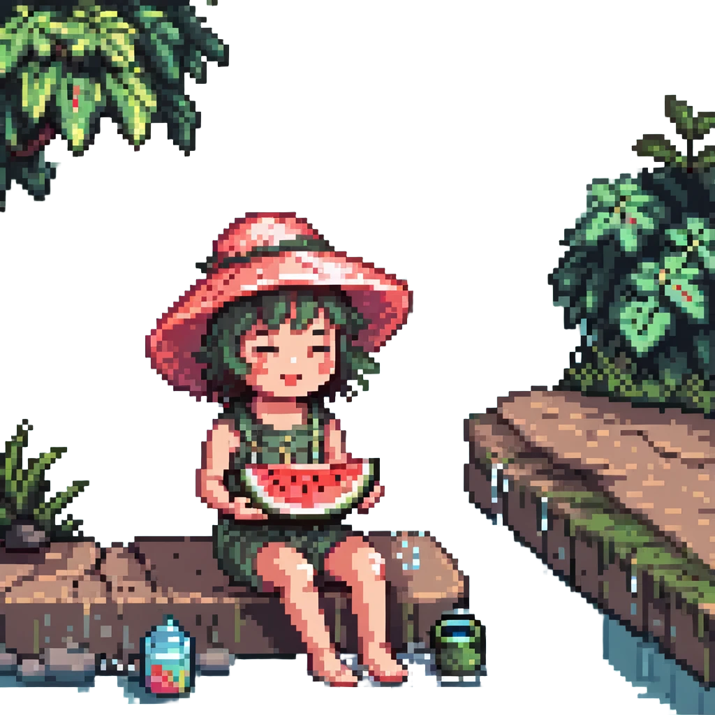 happy kid with a floppy sun hat sitting by a river eating watermelon surrounded by sparkles and water splashes pixel art vibrant colors emoji
