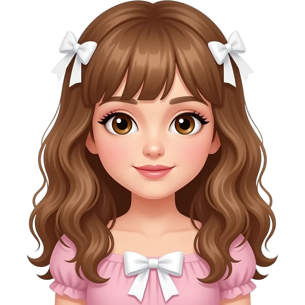 girl, brown eyes, brown makeup shadows under eyes, mascara, very long slightly curly light brown hair with bangs, white bows in hair, white bow on pale pink dress, horror style emoji