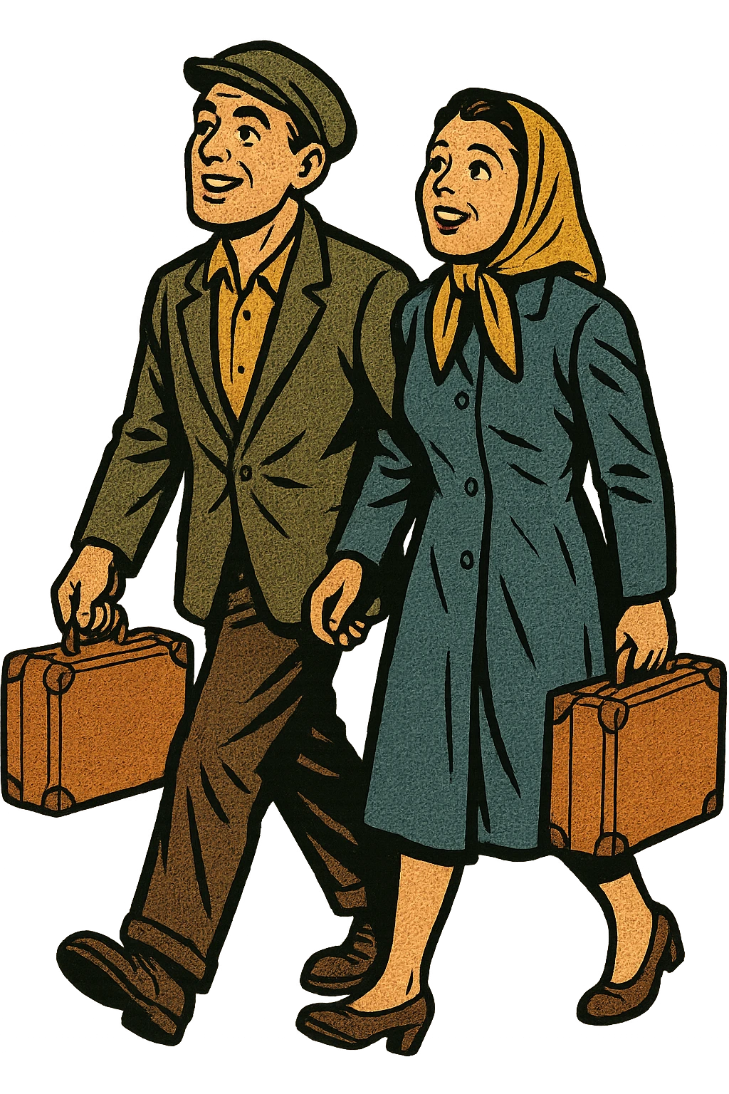 A refugee husband and wife from Eastern Europe in the 1950s both carrying a small old brown suitcase and looking hopeful. They are both walking emoji
