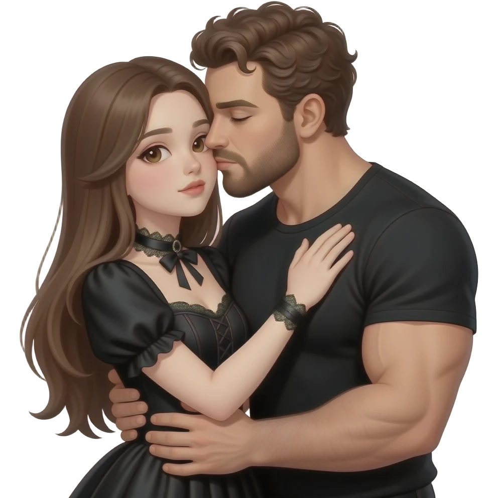 realistic sexy pale skin long straight brown hair girl brown eyes long face wearing gothic dress HD and her muscular man wearing black clothes short brown curly hair and beard hugging and kissing emoji