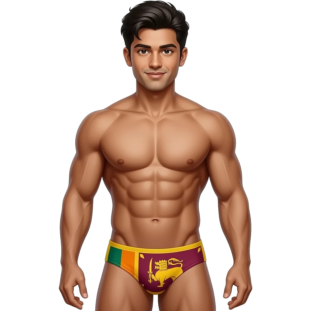 full body sri lankan young male standing with muscular build in thong with sri lanka flag theme emoji