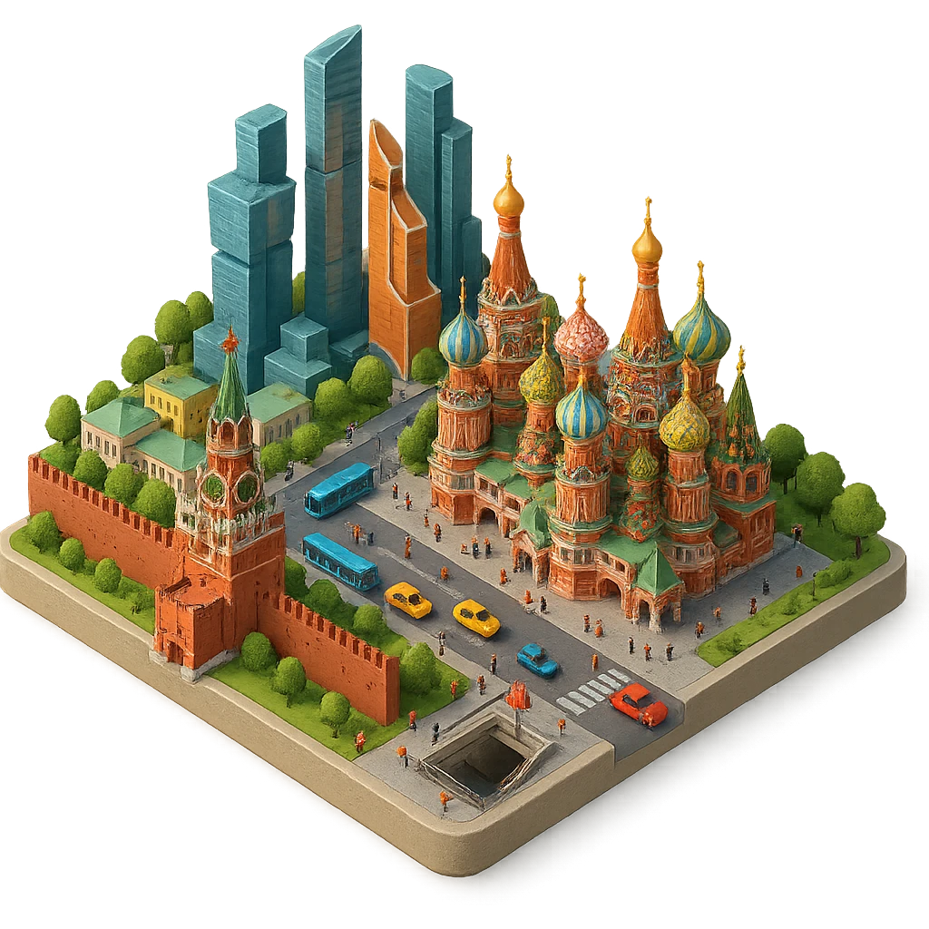 Изометричная миниатюрная фотореалистичная 3D модель Москвы на подставке - Кремль, собор Василия Блаженного, Башни Москва-Сити, четкая детализация, яркие цвета, мультяшный реализм, люди, автотранспорт и метро, компактная композиция, вид сверху в изометрии, прозрачный фон emoji