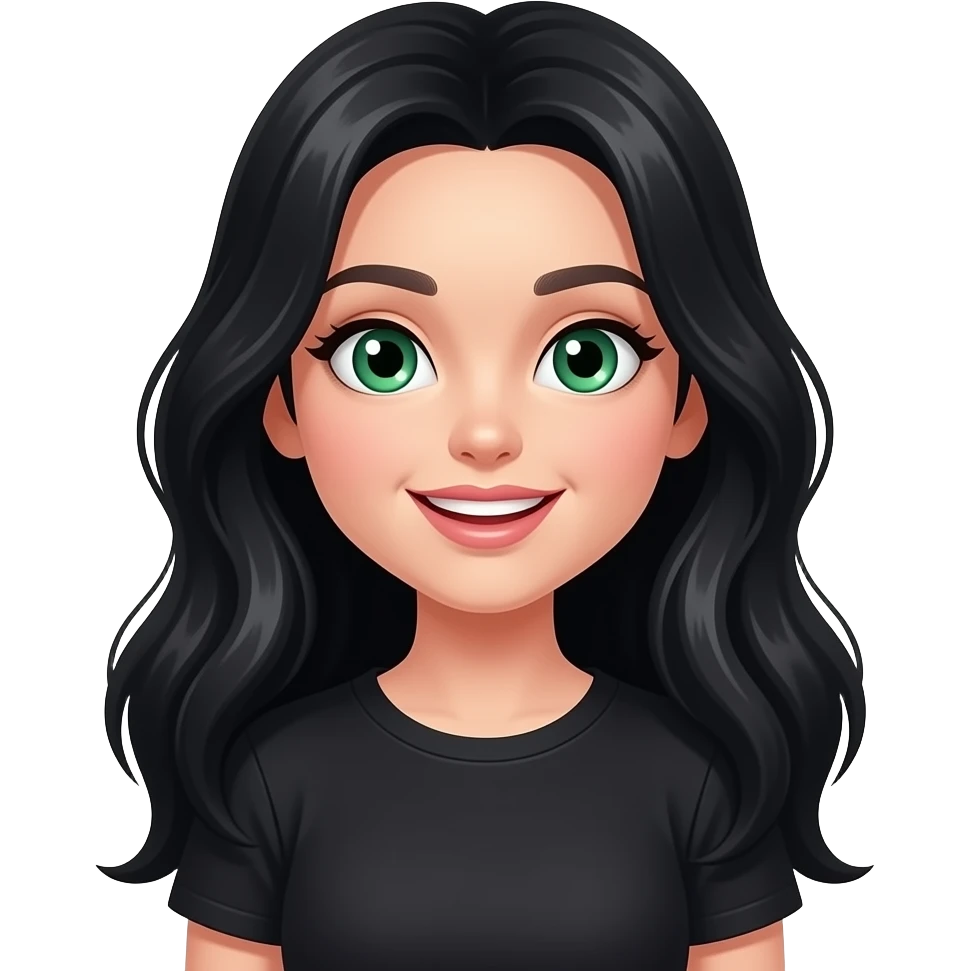 long black hair green eyes wearing black T-shirt, bright face emoji