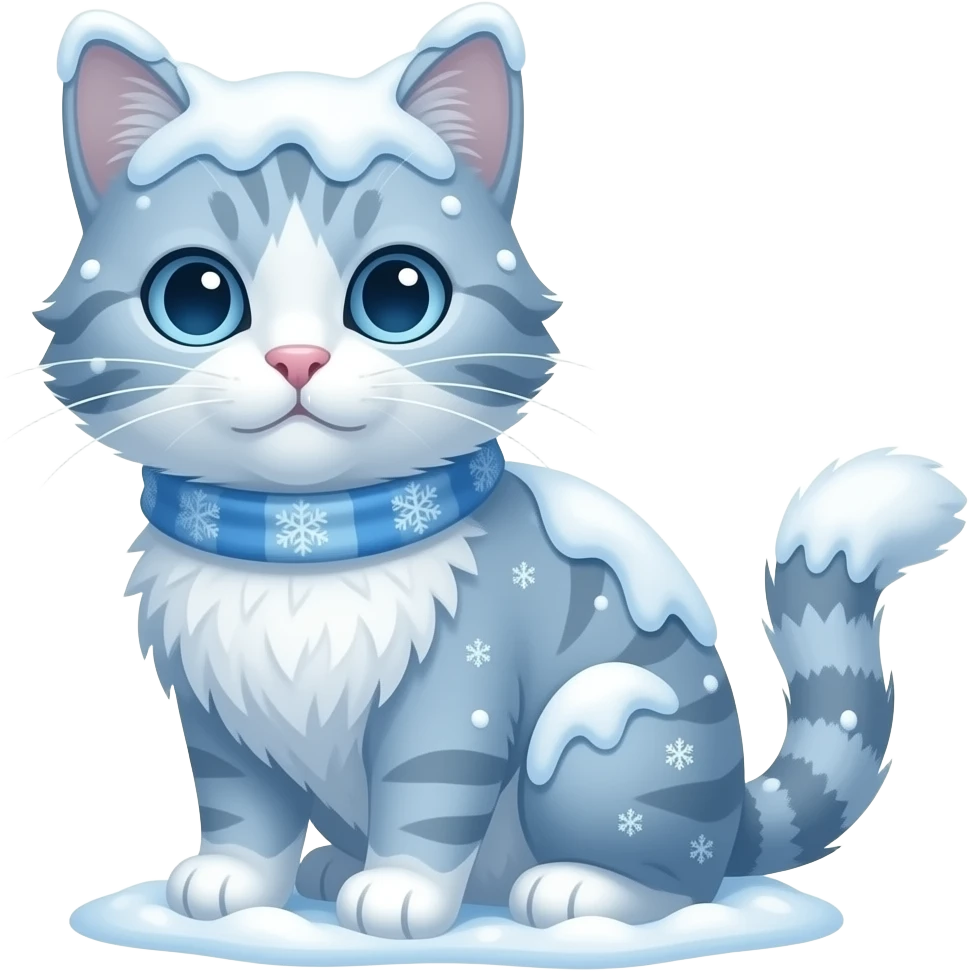 a cat which is made from ice snow and snowflakes saying hi emoji