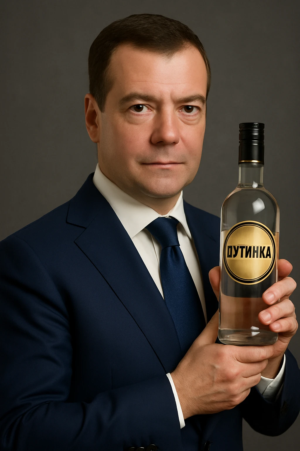 Сгенерируй мне этого человека (Дмитрия Медведева) в деловом костюме, в руках у него водка путинка (Пример прикрепил) emoji