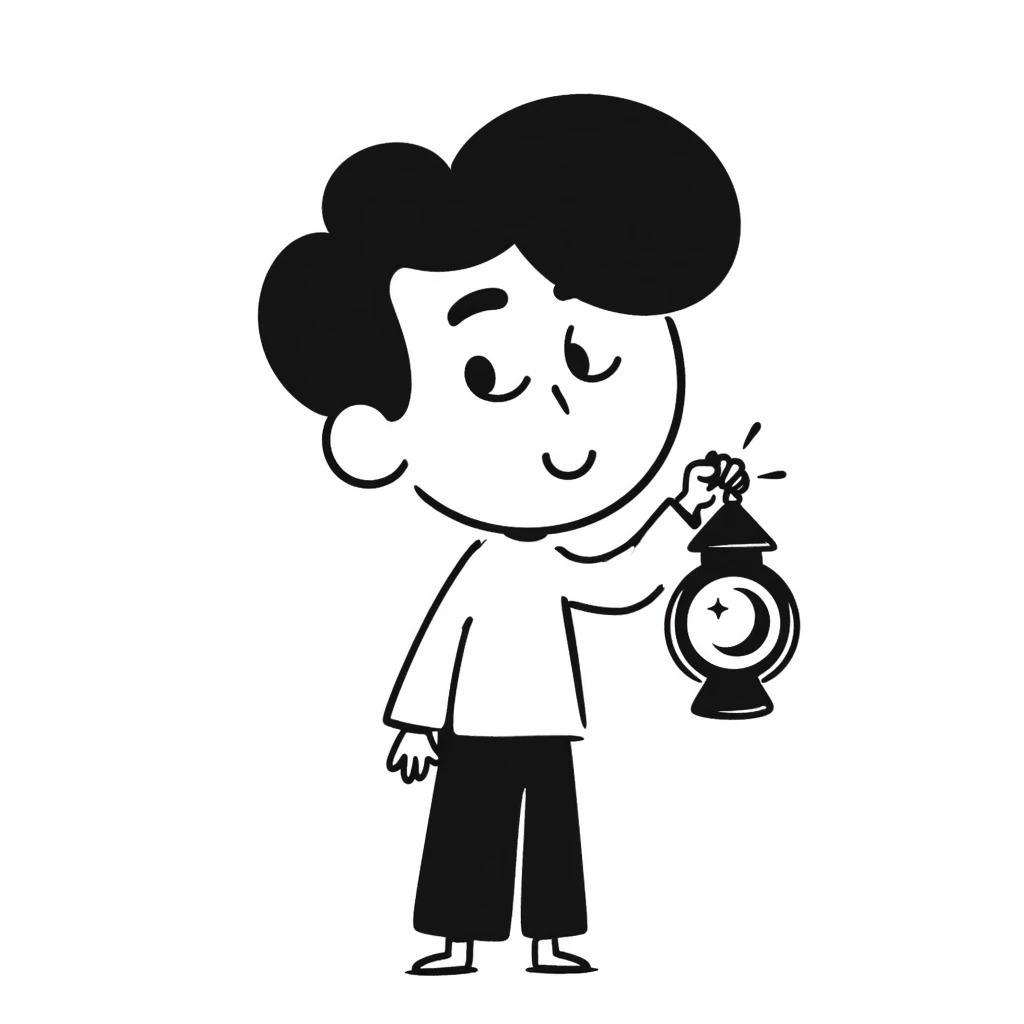 little boy holding a lantern with a moon design emoji
