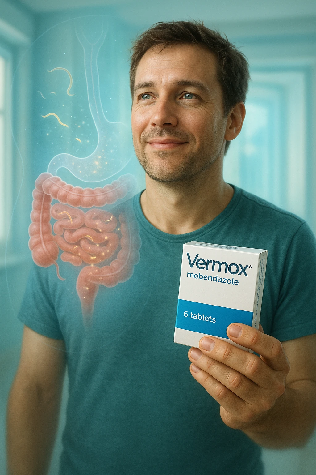 A realistic, cinematic illustration of a man in his late 30s holding a small white box of ‘Vermox’ (mebendazole) in one hand, with a relieved and hopeful expression on his face. Behind him, a semi-transparent overlay shows his digestive tract where small, symbolic worm-like parasites are dissolving and disappearing, indicating the medication’s effect. The environment is clean and bright, with a medical yet hopeful tone, conveying the concept of effective parasite removal. Subtle blue and green tones symbolize cleansing and health restoration, while the man appears energized and ready to reclaim his well-being emoji