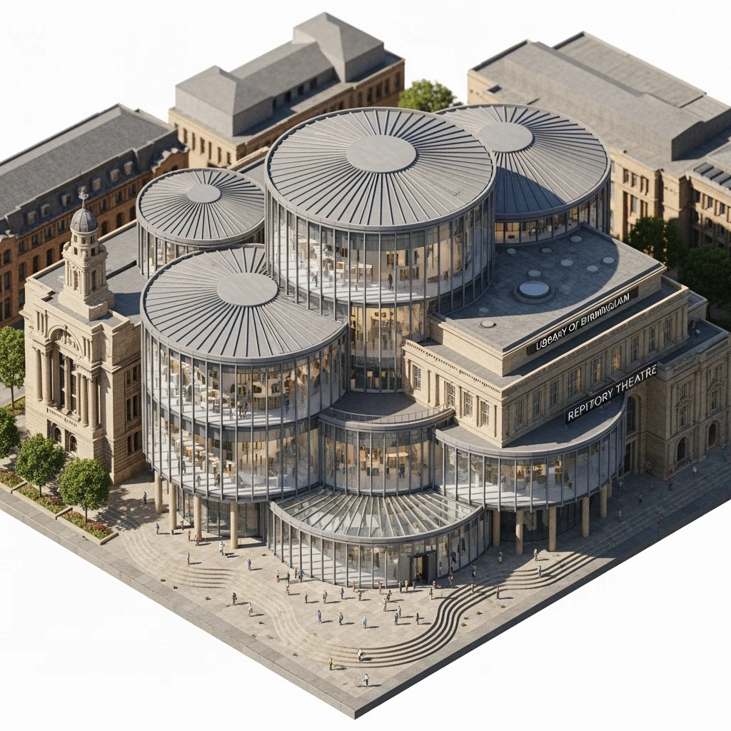 Isometric photorealistic illustration of Birmingham library highly detailed in semi-realistic, 3D miniature effect, transparent background. emoji