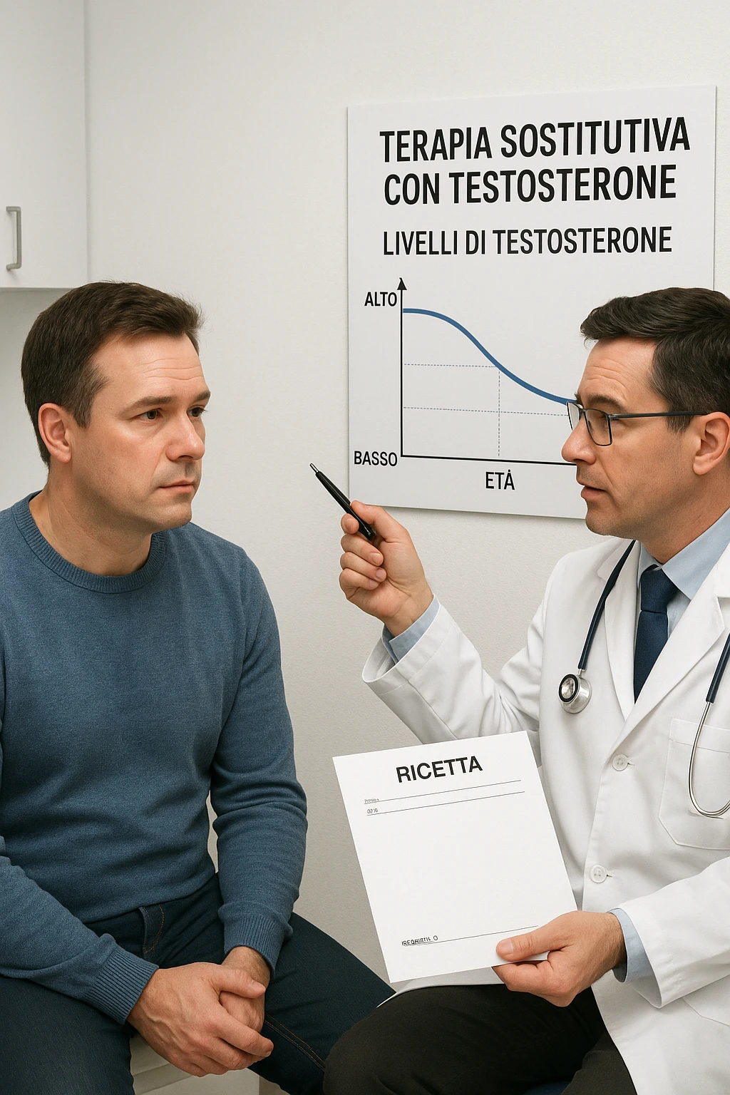 a man in his 40s sits in a doctor’s office, listening attentively as a physician explains TRT (Testosterone Replacement Therapy). The doctor holds a prescription pad and points to an educational chart showing testosterone levels. The mood is professional and informative, with a clean, clinical background. scritte in italiano emoji