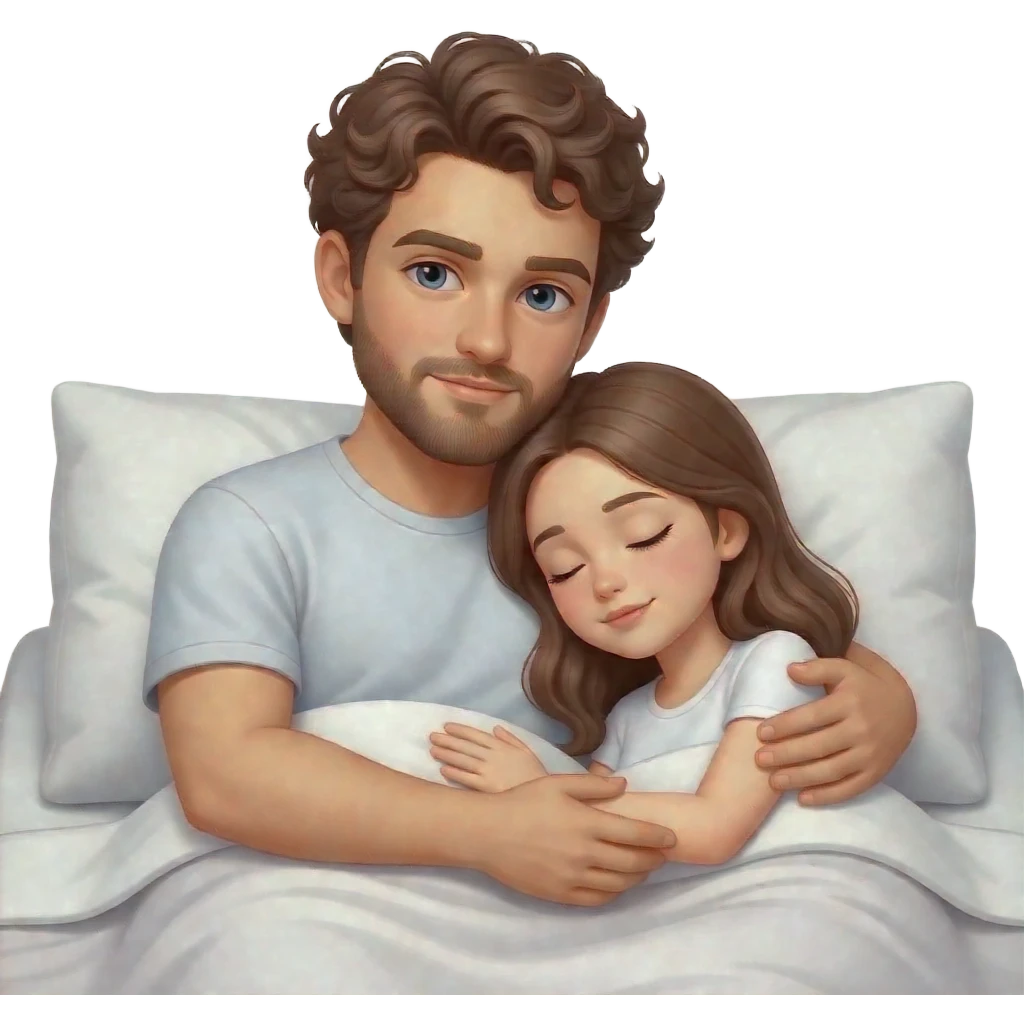 Realistic white man brown super short curly hair with beard hugging while sleeping in bed with realistic white girl brown hair emoji