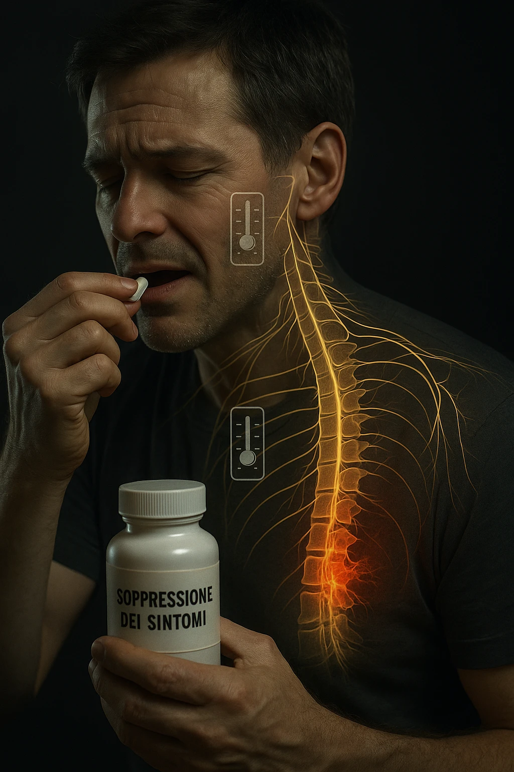 Realistica cinematic Man taking pain medication for chronic back pain, pills shown as dimmer switches turning down pain signals in transparent nervous system overlay, underlying spinal damage remaining completely untreated and worsening, expression of temporary relief masking progressive deterioration, medication bottle labeled 'symptom suppression' not 'cure', root cause inflammation continuing to spread in italiano emoji