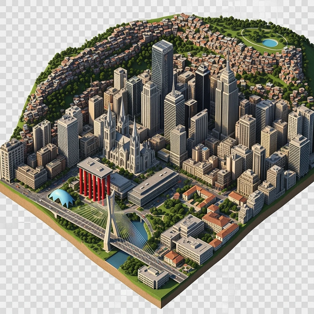 Isometric miniature of São Paulo Catedral da Sé, MASP on red pillars, Octávio Frias Bridge, and Altino Arantes building, favelas on hillsides, dense chaotic urban blocks, and green parks 3D miniature effect and Tilt Shift effect, no cartoonish look, transparent background. emoji