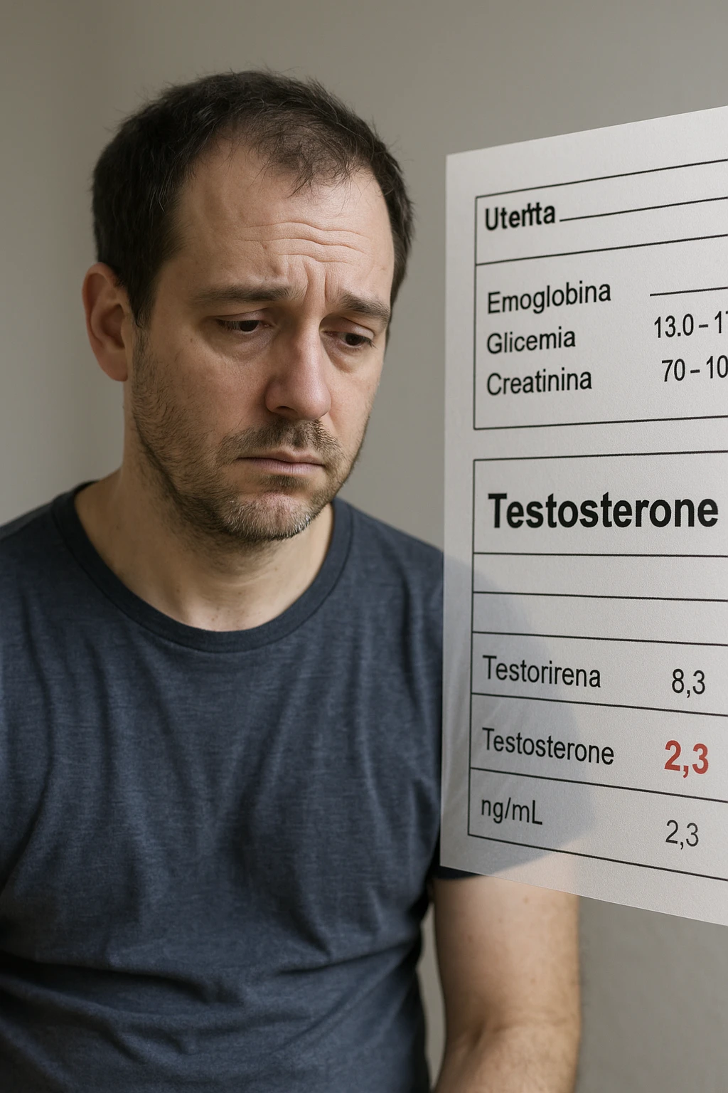 Un uomo caucasico di 35-45 anni, in CGI fotorealistico, che mostra i segni fisici ed emotivi di un basso livello di testosterone. aggiungere un referto medico semi-trasparente fluttuante accanto a lui, con valori di testosterone evidenziati in rosso. in italiano emoji