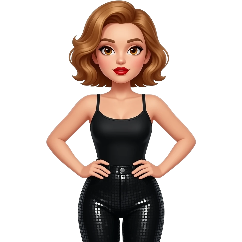 glamours,-tanned,-very-beautiful-woman-with-big-plump-red-lips,-long-long-lashes,-honey-silky-very short- hair,-wavy-hair,-hazel-eyes- wearing-black-bodysuit-and-black-sequinned-pants-black-stilettos-and arms-shrugging-waist-up emoji