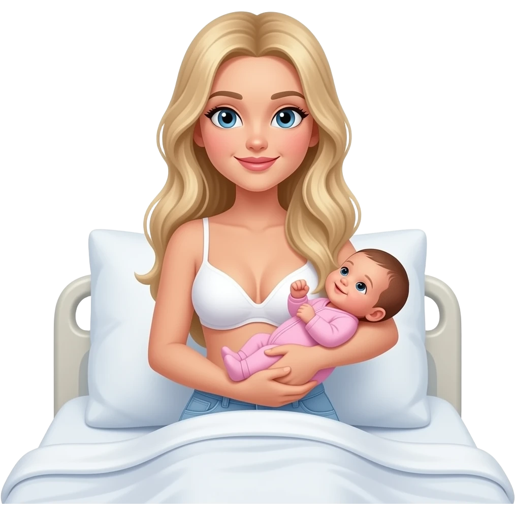 in hospital bed Woman with long blonde hair, and light blue eyes, wearing white bra and light blue baggy jeans with skinny body, holding newborn girl wearing pink onesies emoji