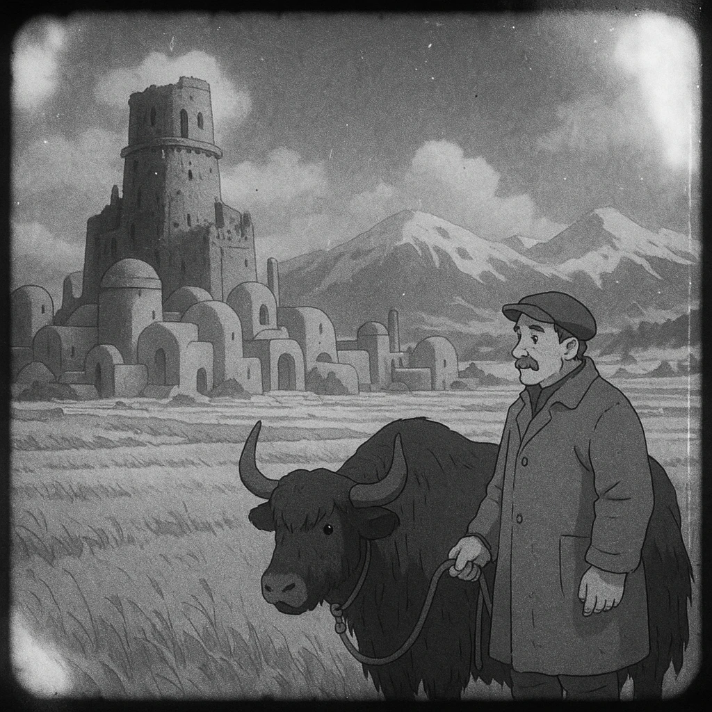 8mm film black and white, no color, light leaks. the image shows post-war reconstruction-era life in the z'rian commonwealth capital region, santa-fe neo-adobe futuristic architechture. arctic temperate region. there is a tattered tower-bastion, a vast field and a middle-aged man with a large black yak emoji