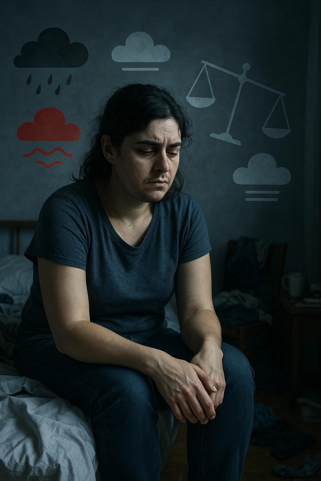 Donna tra i 25 e i 35 anni seduta da sola in una stanza, con lo sguardo basso e un’espressione di frustrazione e stanchezza. Sul volto si notano peli visibili sul mento e sopra il labbro, simbolo di irsutismo. Intorno a lei, l’ambiente appare disordinato, con luci fredde e atmosfera pesante. In trasparenza, simboli stilizzati di sbalzi d’umore (nuvole scure e rosse alternate a simboli di calma), e una bilancia emotiva sbilanciata. Le mani stringono le gambe, in gesto di disagio fisico ed emotivo. Colori cupi con accenti contrastanti. Stile realistico con elementi simbolici emoji