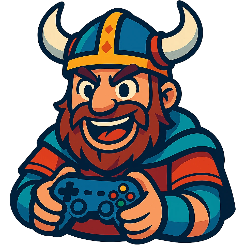 viking gamer, modern cartoon style, detailed helmet, game controller, energetic expression emoji