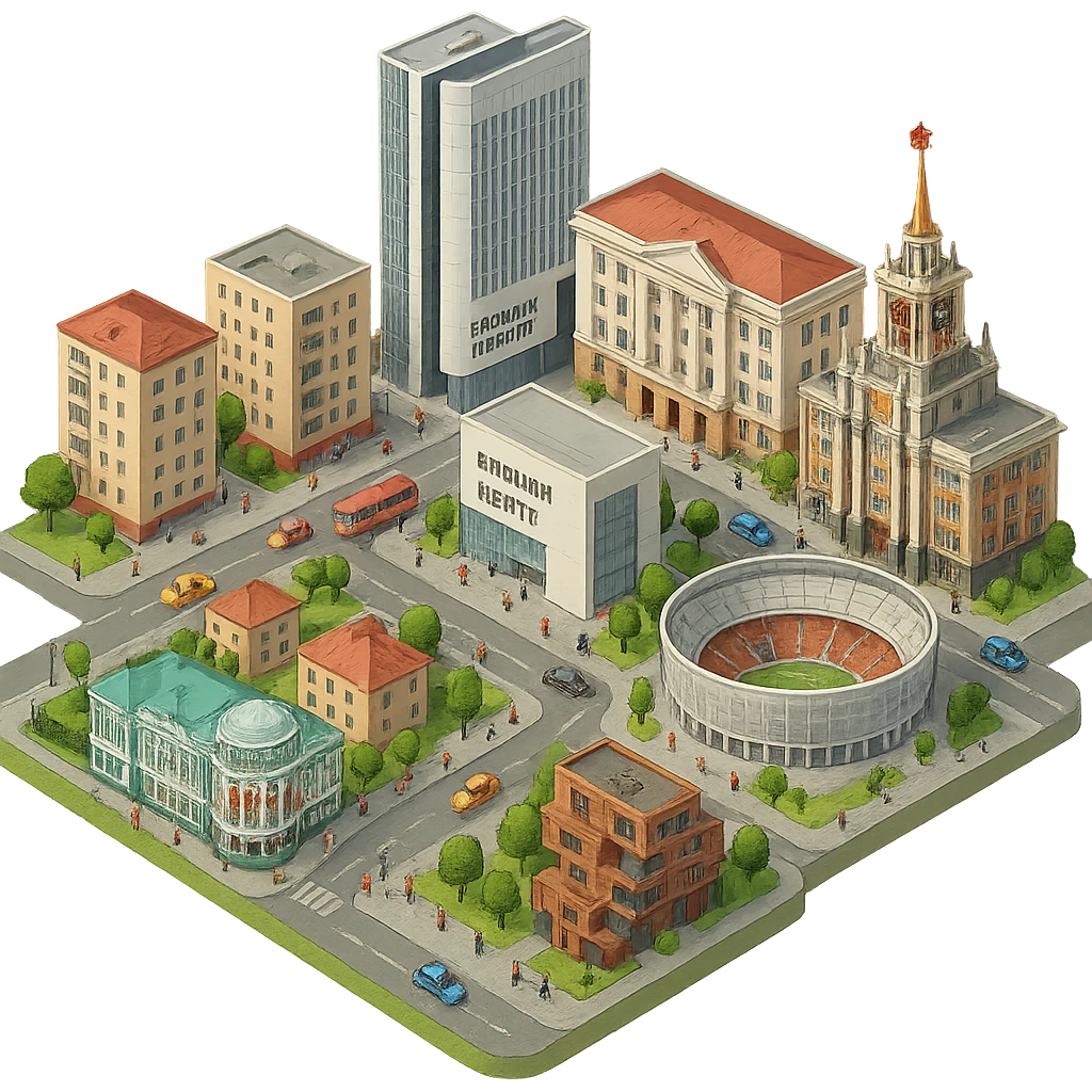 Изометричная миниатюрная фотореалистичная 3D модель Екатеринбурга - Дом Севастьянова, Ельцин-центр, Уральский федеральный университет, дома, Екатеринбург Арена, Медный дом, Здание Свердловского городского совета народных депутатов четкая детализация, яркие цвета, мультяшный реализм, люди, автотранспорт, компактная композиция, вид сверху в изометрии, прозрачный фон emoji