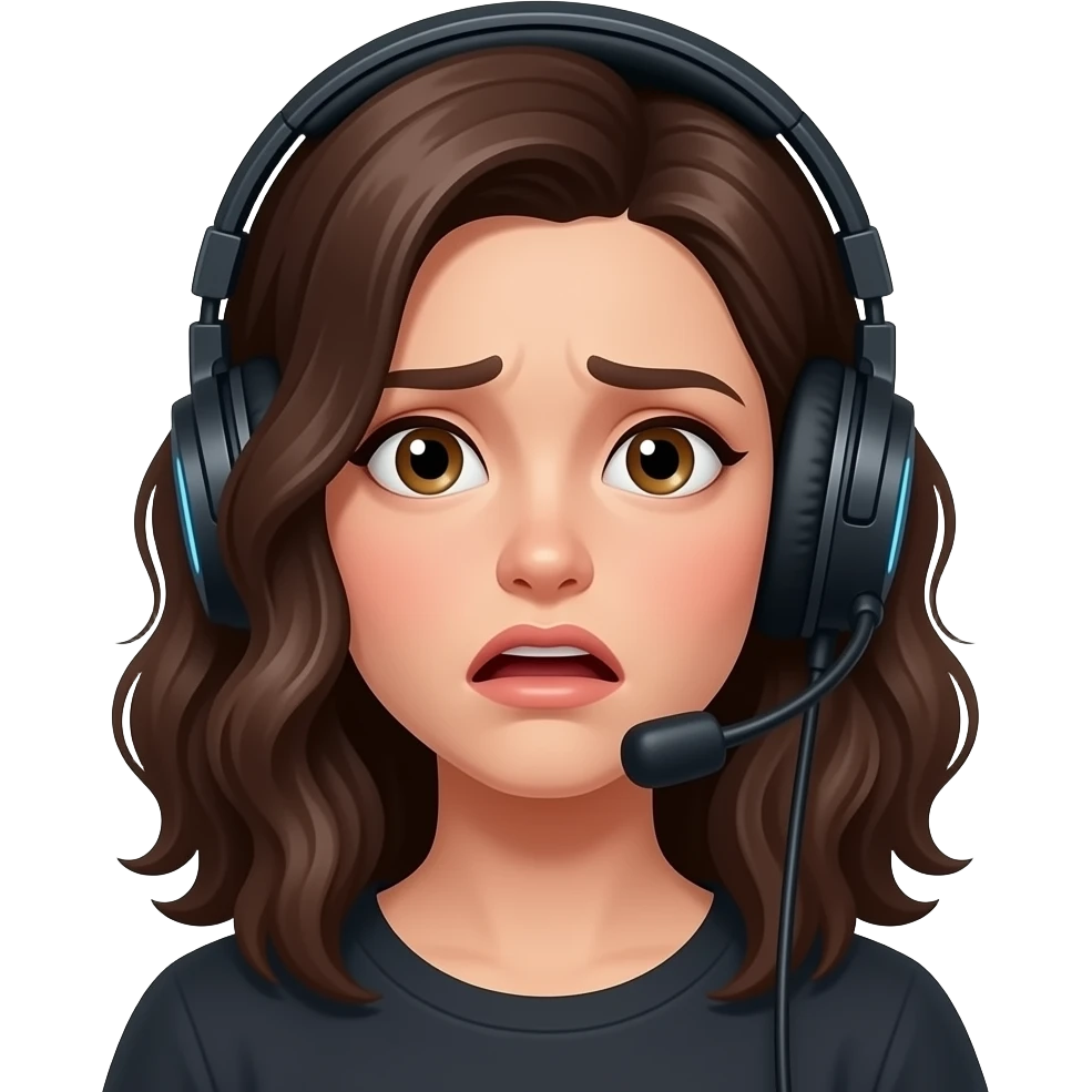 femme, brune, cheveux mi-long ondulé, casque jeux, peur emoji