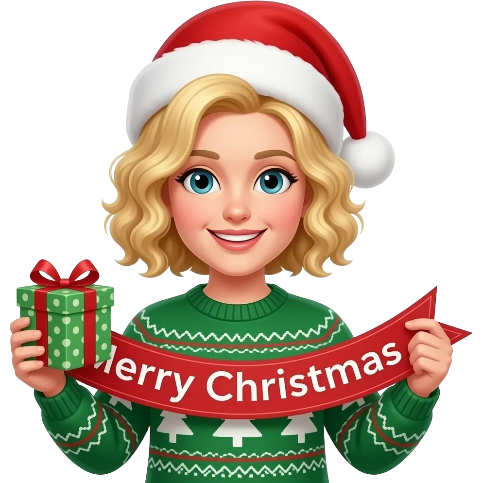 blonde tight curly hair in a short bob Merry Christmas holding a present and with a Christmas Banner, wearing a Christmas hat in a christmas sweater emoji