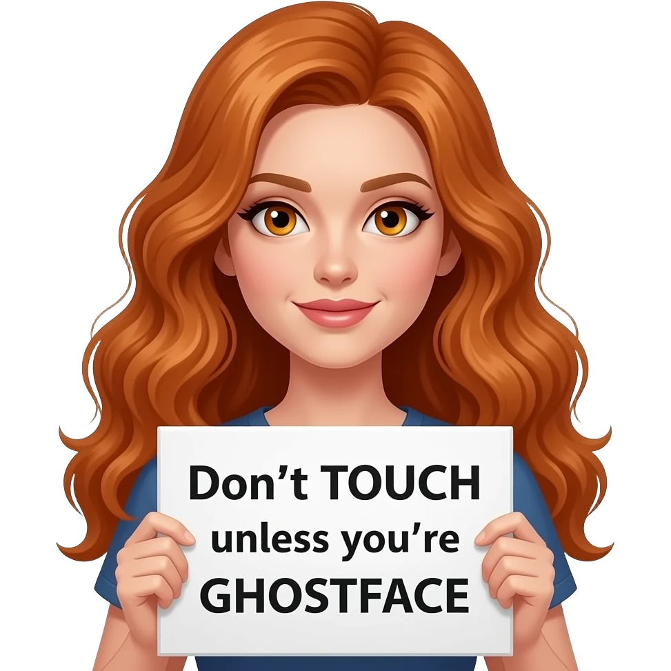 sexy girl with long wavy ginger hair and ginger eyes is holding a Don't TOUCH unless you're GHOSTFACE sign emoji