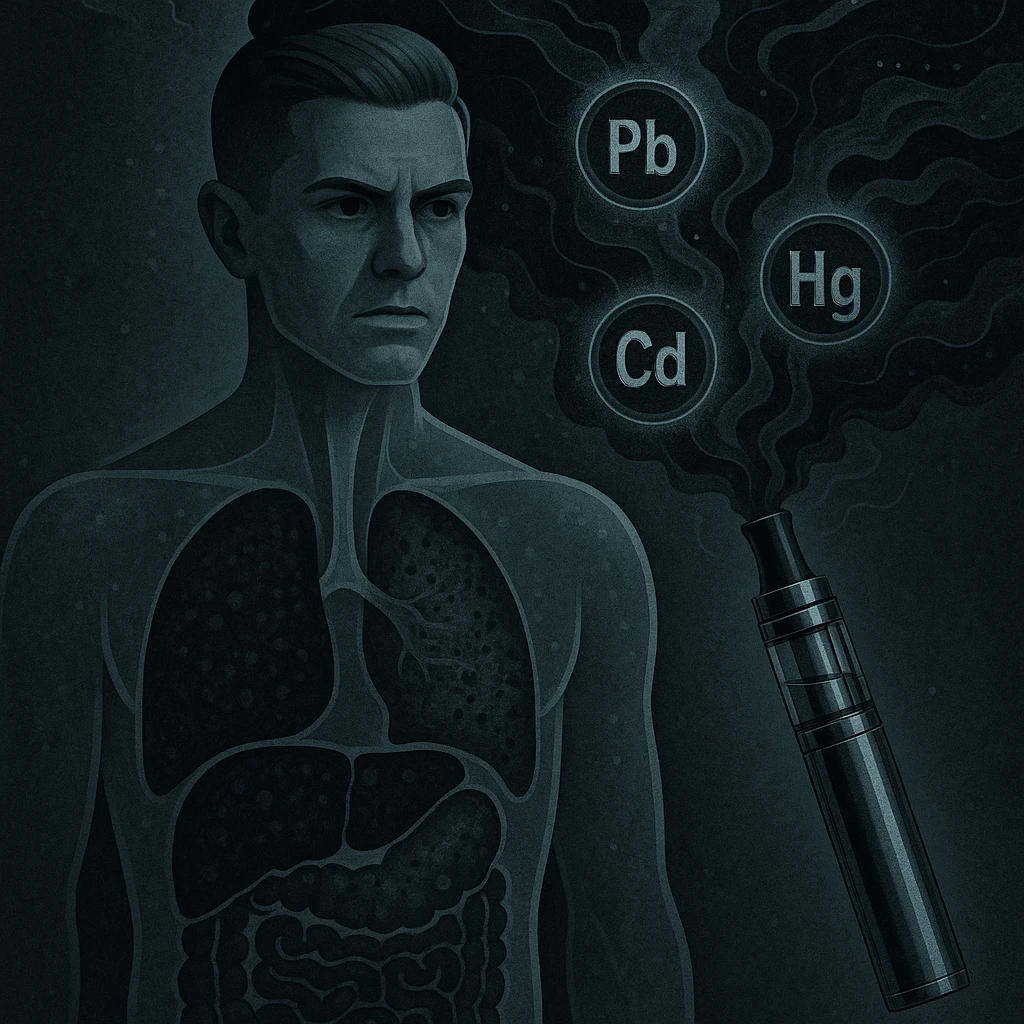 A stylized and unsettling electronic cigarette releasing dark metallic smoke filled with toxic particles. Within the smoke, symbols of heavy metals (Pb, Hg, Cd) travel towards a transparent human body. Inside the body, the liver and intestines appear blackened or visibly clogged. The atmosphere is dark, medical-symbolic style with cold metallic colors, conveying a strong and disturbing visual message. The face is inspired by the reference photo provided. emoji