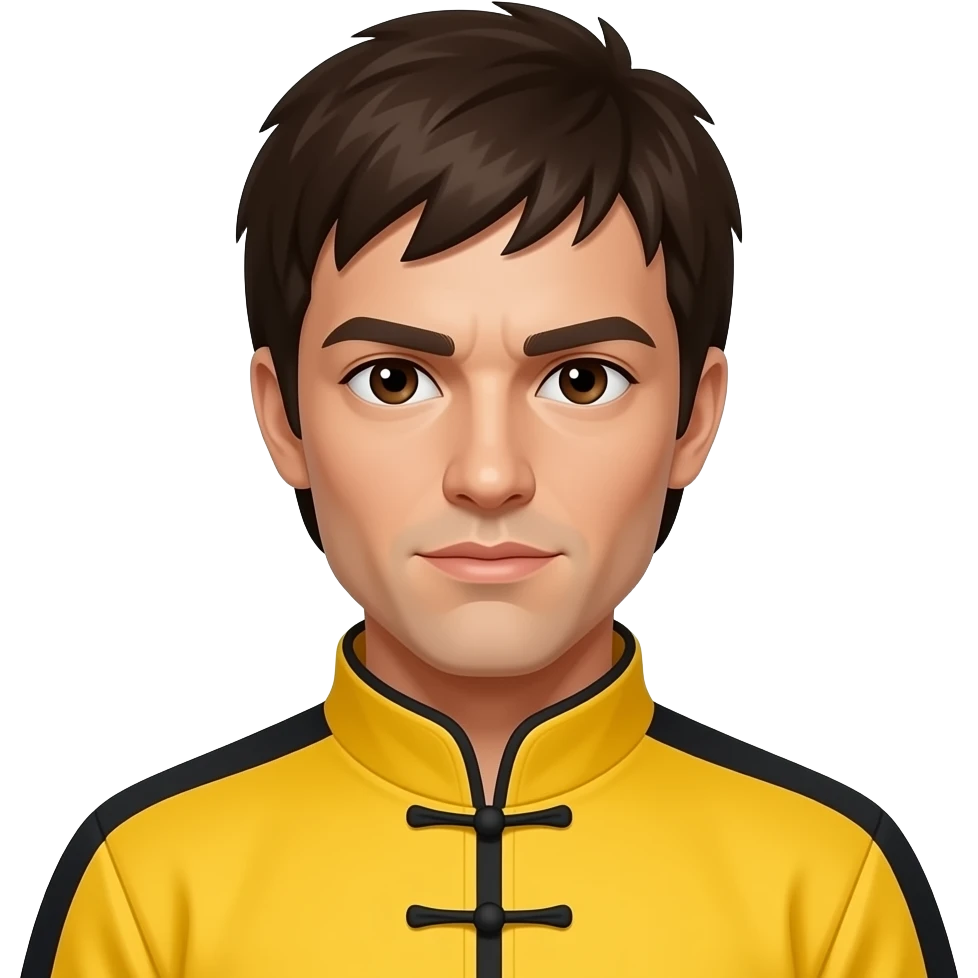 John Saxon with dark brown eyes, dark brown hair, yellow martial art outfit emoji