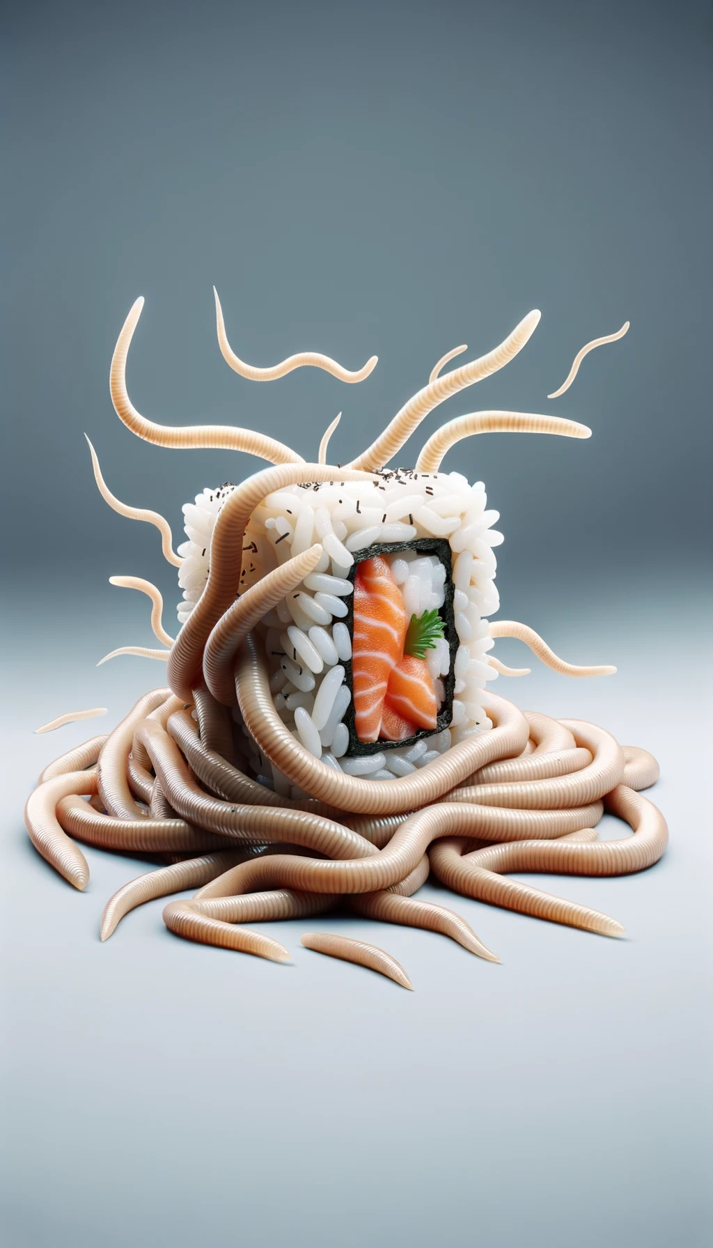 sushi crudo fluttua in aria insieme a dei lunghi vermi beige chiaro, iperrealistico 4k emoji