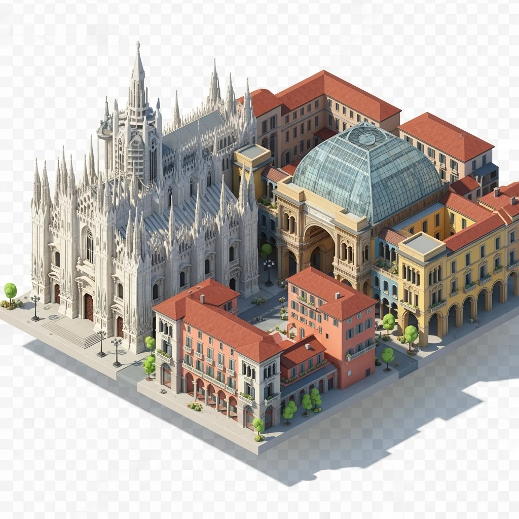 Isometric Milan with the Milan Cathedral (Duomo di Milano) and Galleria Vittorio Emanuele II arcade, toy-style elements, soft shadows, pastel diorama style, transparent background emoji
