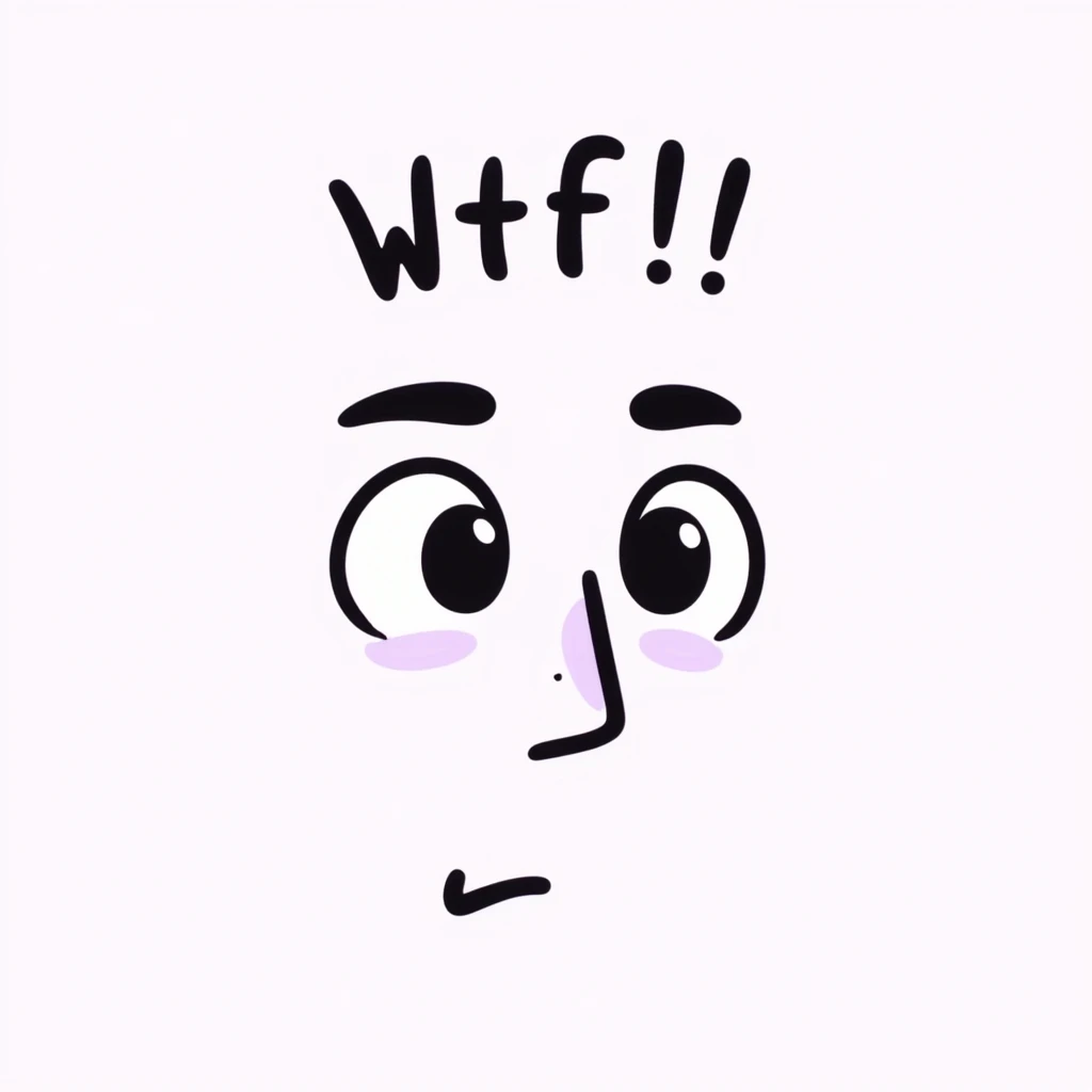 wide-eyed face emoji with one raised brow, small 'wtf' above the head in cursive or chalk font, soft lilac color palette, expresses a 'WTF' reaction—shocked, confused, or mildly judging but still cute, doodle-like, emotional, poetic, pastel dreamy vibe, suitable for Telegram channel emoji