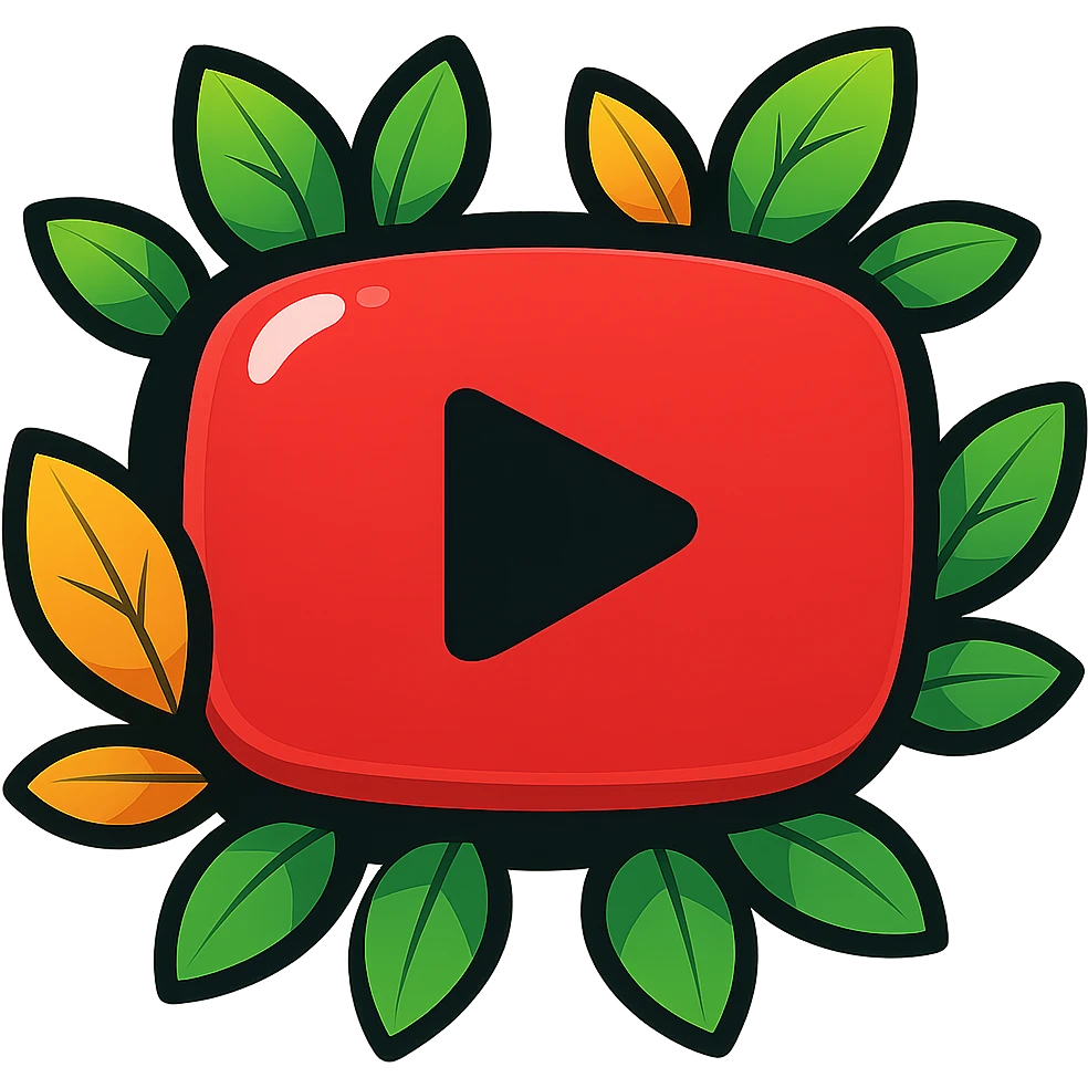 Plump, smooth YouTube logo in vibrant toon style with thick black outline, expressive solid shadows, glossy highlights, surrounded by bright leaves, no background. Emphasize rounded shapes, contours, and shine, matching the reference style, but keep the look flat and drawn, not balloon-like. emoji
