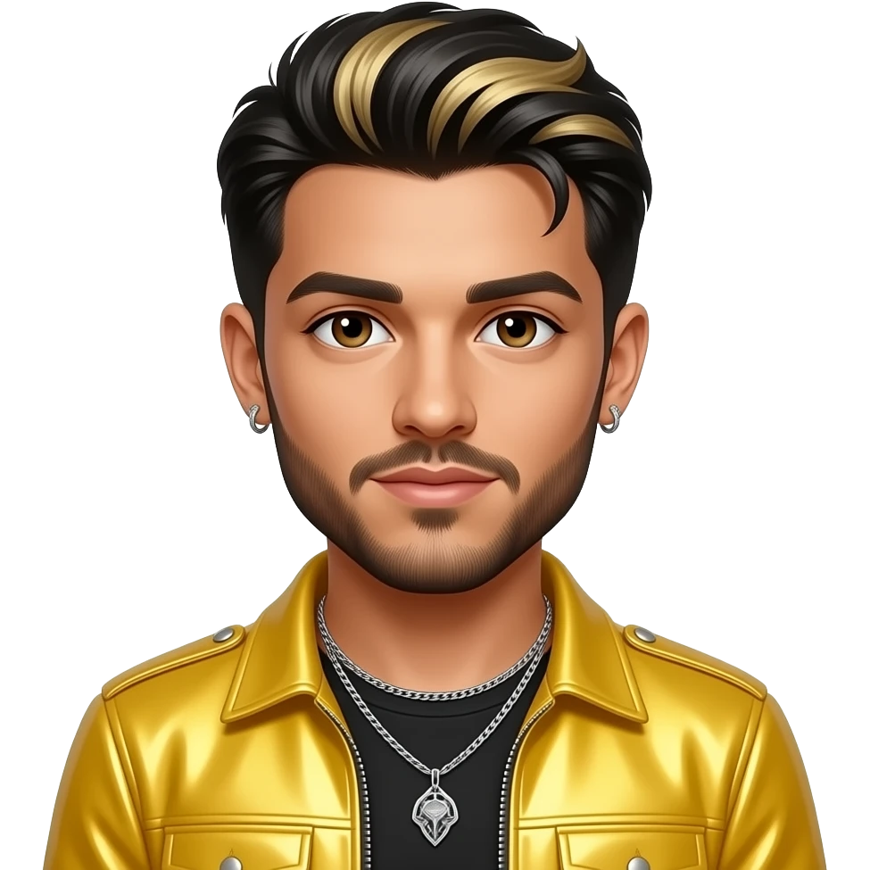 Zayn Malik from One Direction with brown eyes, black hair with blonde highlights, yellow metallic pop tour outfit, necklace and earrings emoji