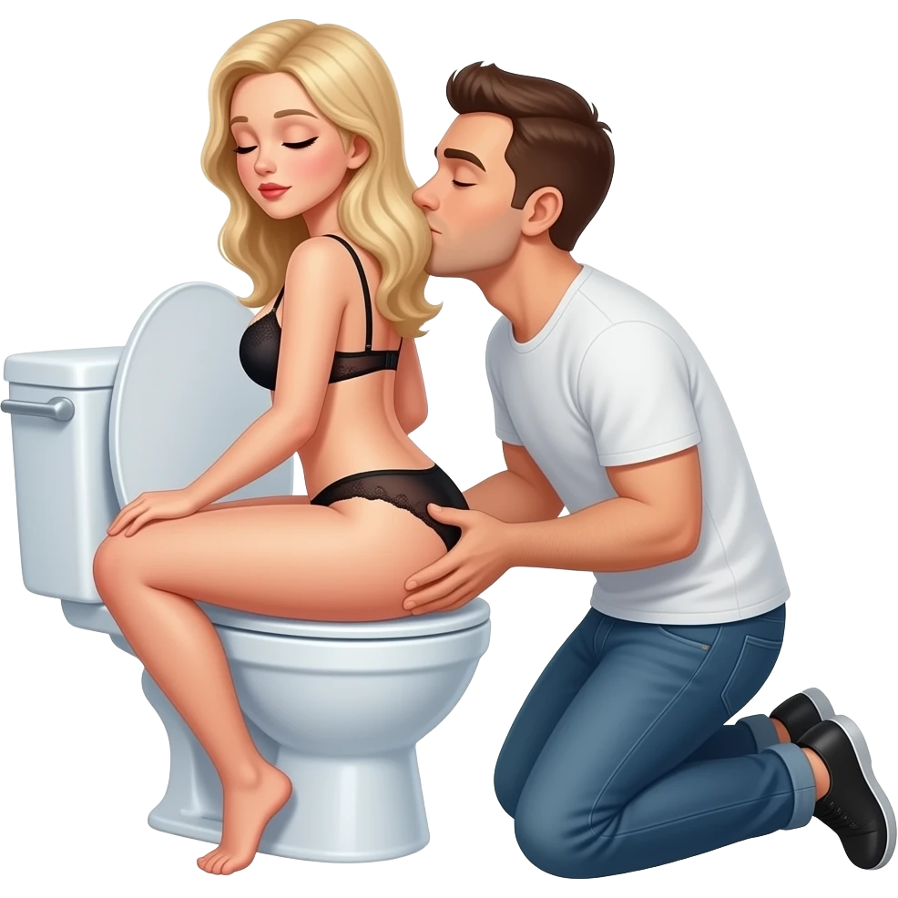 White blonde woman in lingerie sits reverse on open toilet holding her butt open while man knees behind her kissing her butt. Eyes closed emoji