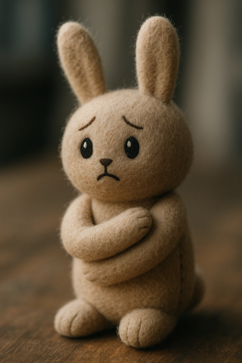 sweet bunny with a worried expression, hugging itself, gentle colors, plush portrait style emoji