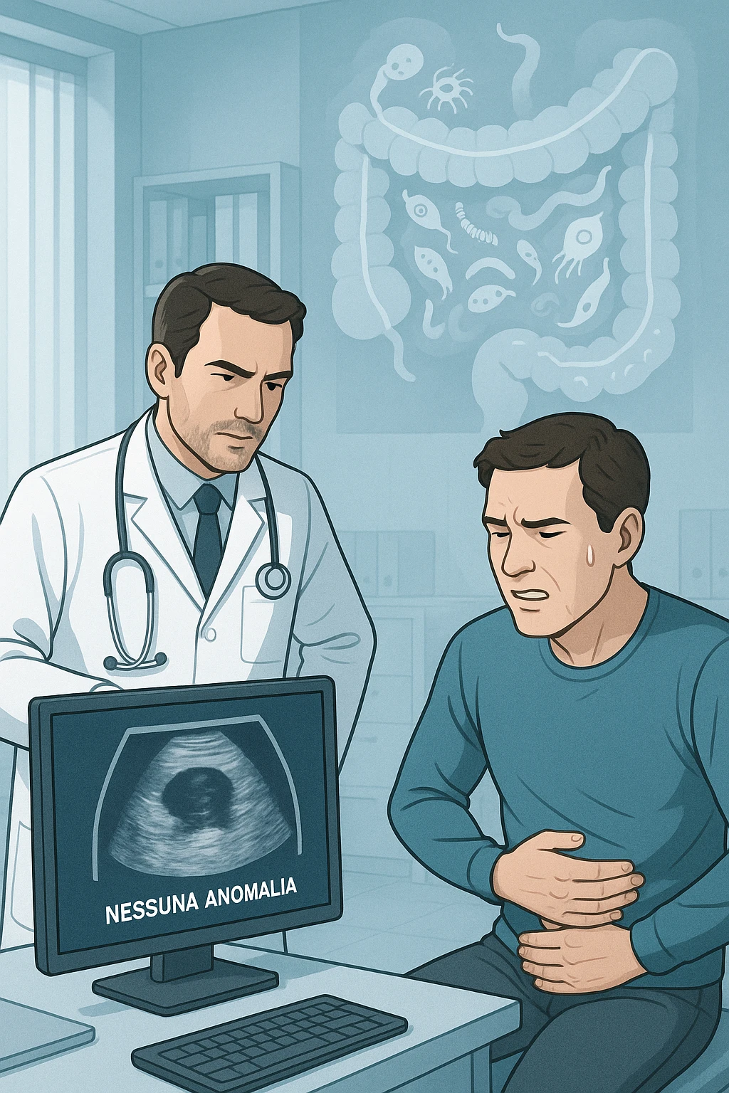 Medico in camice bianco in uno studio moderno, mentre osserva una TAC o ecografia su uno schermo con espressione convinta. Accanto a lui, un paziente seduto che lamenta dolori intestinali. Sullo sfondo, un’immagine traslucida dell’intestino pieno di piccoli parassiti stilizzati (vermi, protozoi), non visibili nel monitor medico. Il monitor mostra 'nessuna anomalia', ma dietro c’è la realtà invisibile. Atmosfera clinica ma con contrasto simbolico tra 'ciò che si vede' e 'ciò che sfugge'. Colori freddi, luce ospedaliera in italiano emoji