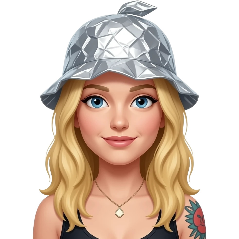 Small aluminum foil homemade kind of messy hat -on blond woman with long hair with arm tattoos emoji
