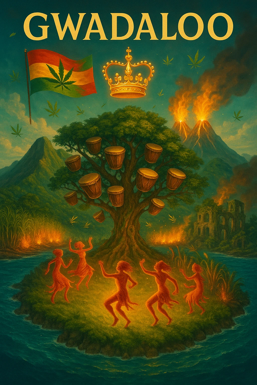 “Depict a mystical reimagining of Guadeloupe, a sacred French Caribbean island renamed Gwadaloo in spiritual rhythm. The landscape blends lush green mountains, twin volcanoes erupting golden light, and deep turquoise sea. In the center stands a legendary Drum Tree — its branches grow carved wooden drums instead of fruit, and glowing ancestral spirits dance around it in a circle of rhythm. Sugarcane fields burn gently in the background, symbolizing the release of colonial pain, while ganja leaves drift in the wind like blessings. Overhead, a sacred ganja-leaf flag flutters in the sky with red, green, and gold colors. A Creole crown floats in golden light above the island, not on any man’s head, but pulsing to the beat of the land. In the distance, ghostly ruins of colonial buildings crumble into dust, reclaimed by vines and time. Use a vibrant, cinematic color palette with warm golden light, deep greens, glowing reds, and ocean blues. Style the scene as prophetic, surreal, and empowering — a vision of Caribbean sovereignty, rhythm, and soul remembrance." emoji