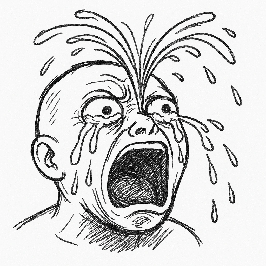 哭得像喷泉：
"角色眼睛泪水满盈，嘴巴大张着，眼泪像喷泉一样喷出来，表情非常夸张，眼睛瞪得大大的，完全无法控制情绪 emoji
