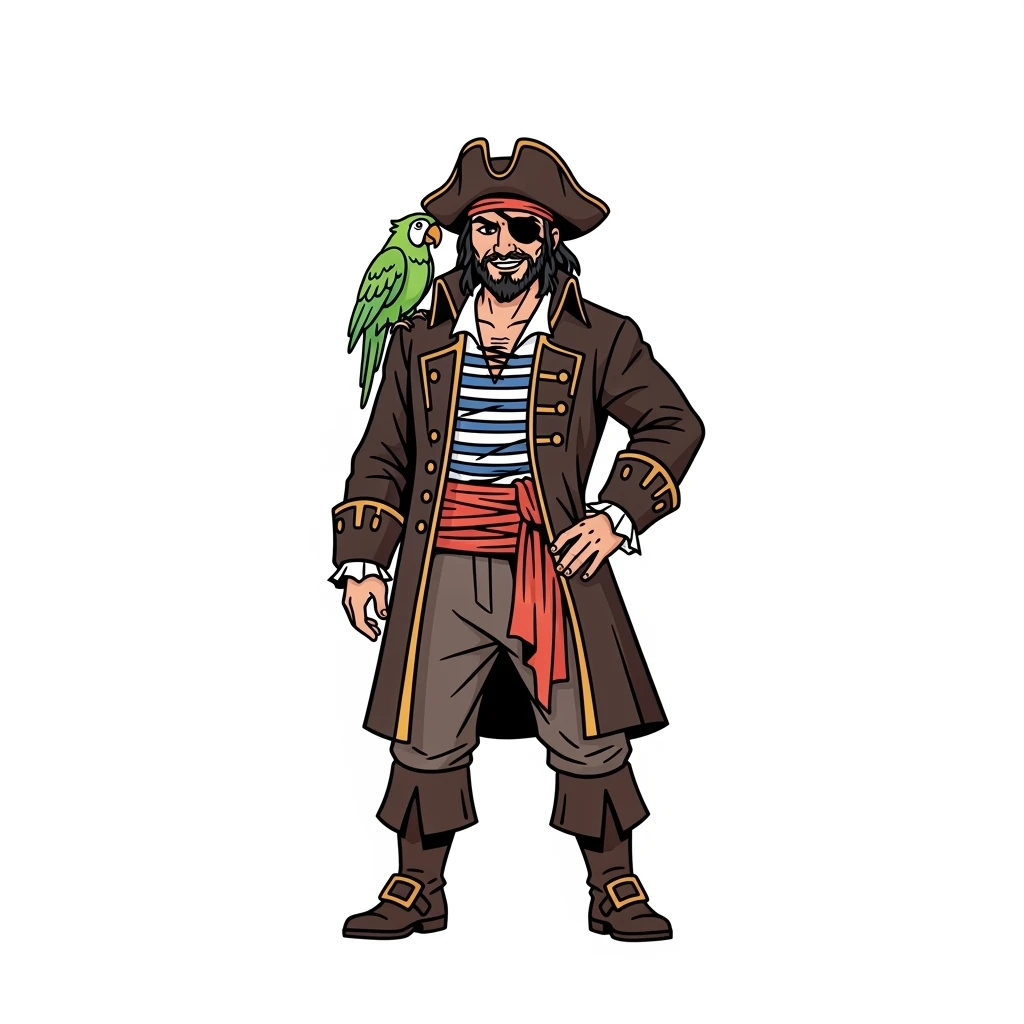 color vector art with thin outline of pirate with eye patch and parrot on shoulder  emoji