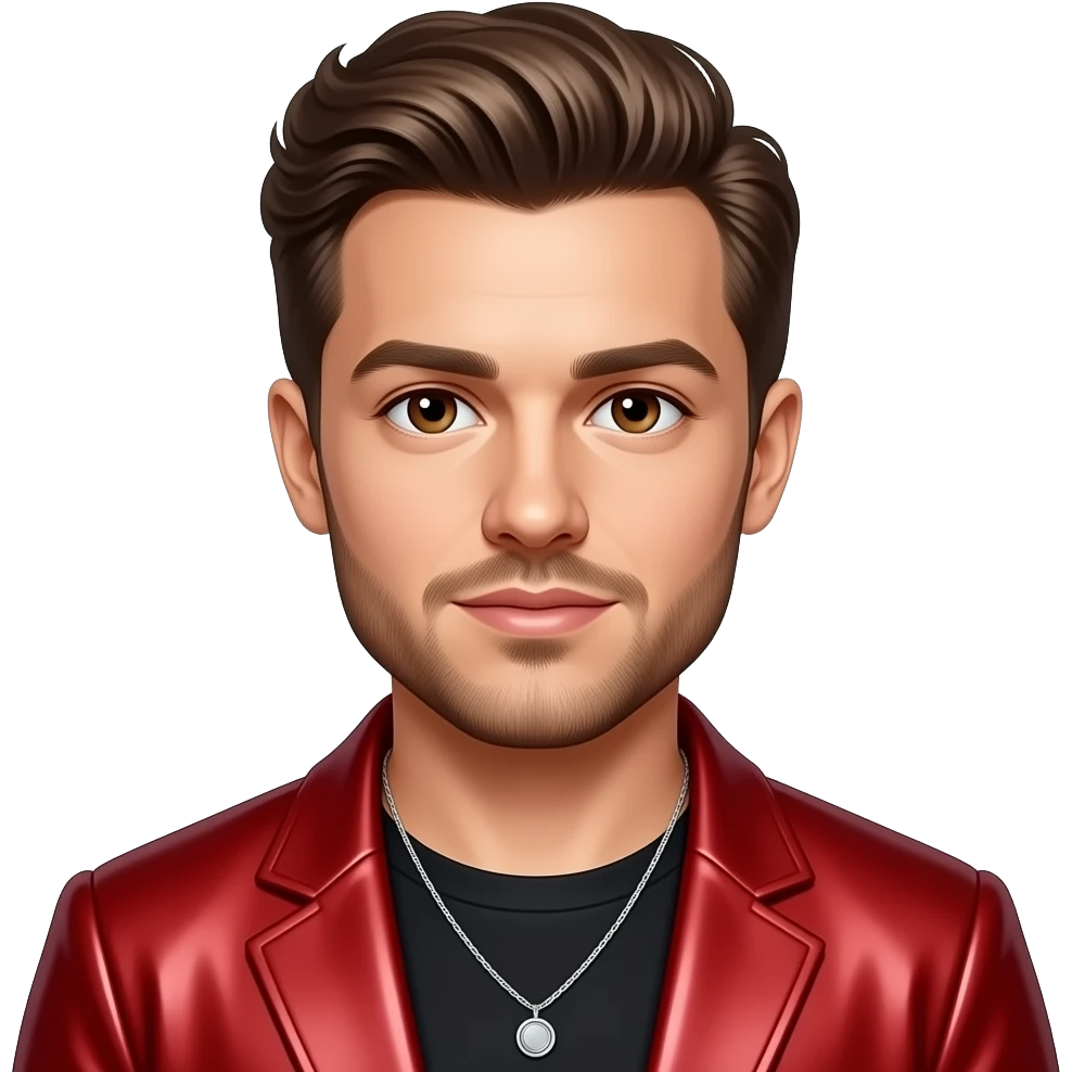 Liam Payne from One Direction with brown eyes, brown hair, red metallic pop tour outfit, necklace emoji