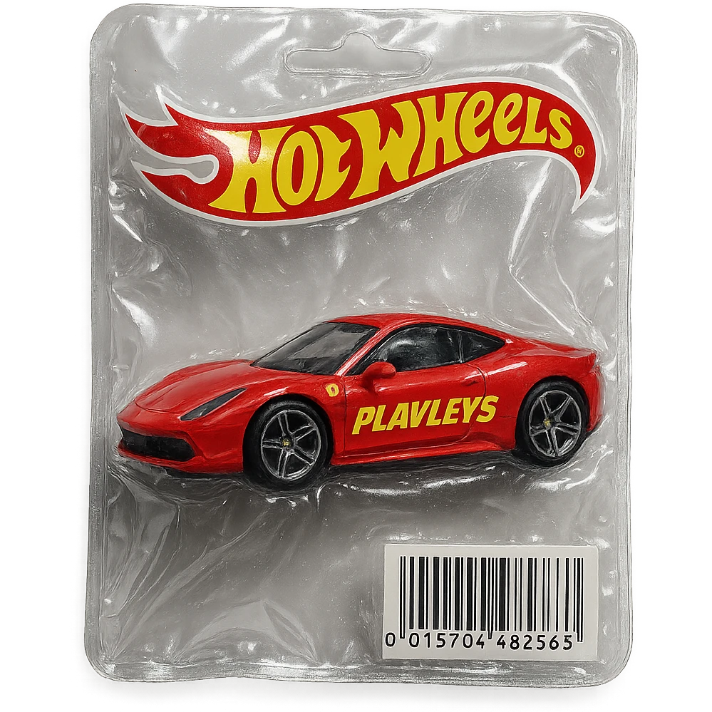 red Ferrari car with the word 'PLAVLEYS' in racing style lettering on the side, inside a Hot Wheels blister package, glossy and puffy, vacuum-sealed style emoji