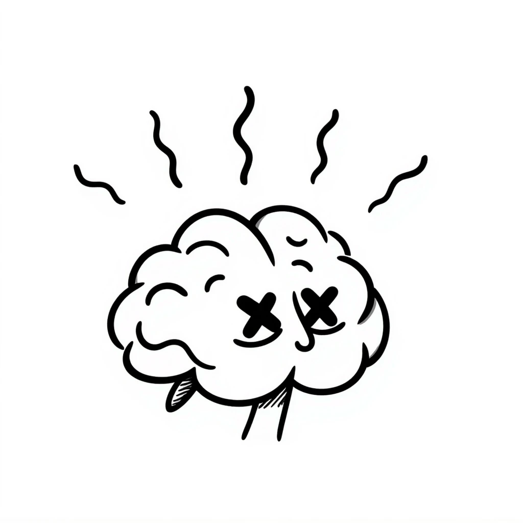 hand-drawn doodle of a brain with X eyes and wavy lines above it, showing exhaustion and brainrot emoji