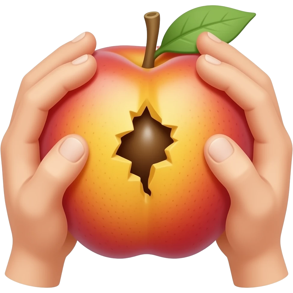 Erstelle ein Emoji von einem Pfirsich mit einem Loch in der Mitte an der außenschale, das Loch kleine Öffnung soll mitten zwischen den Spalt vom Pfirsich liegen. zwei Hände sollen den Pfirsich an den Seiten greifen und das Loch im Pfirsich etwas öffnen emoji